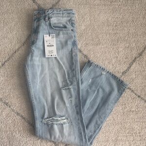 NWT Zara Light Blue Distressed Wide Leg Jeans